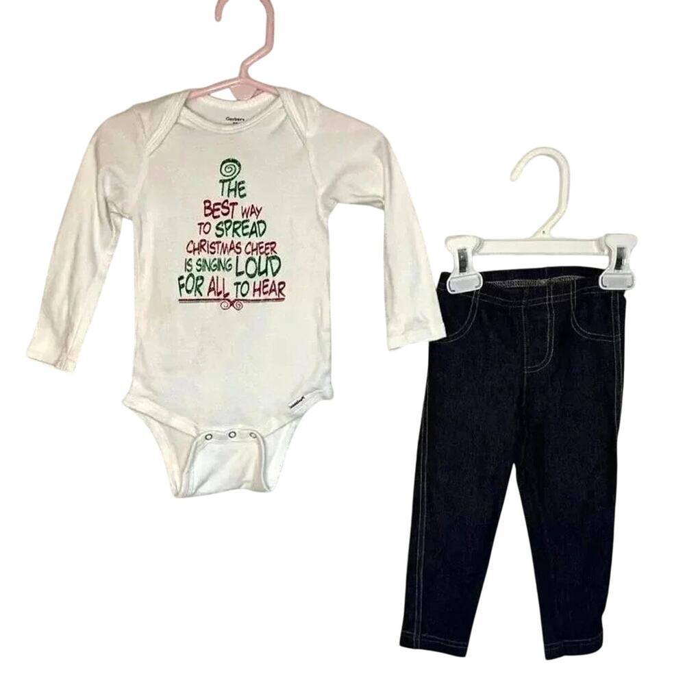 Gerber Christmas white bodysuit/Carter’s faux denim leggings size 18 months